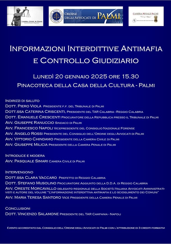 Evento “Informazioni Interdittive Antimafia e Controllo Giudiziario” 20/01/2025